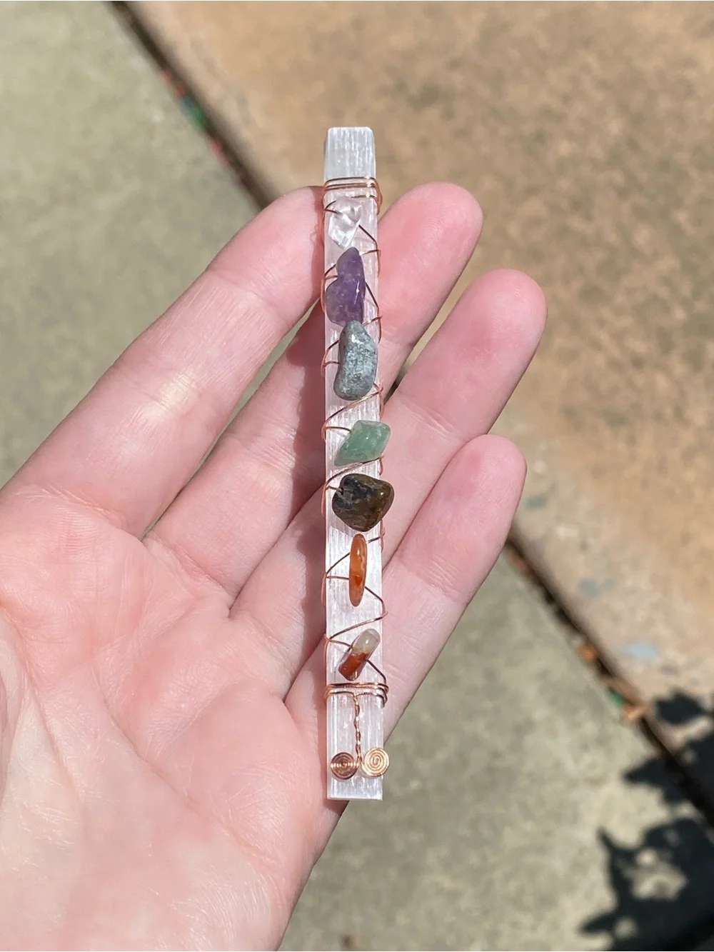 Selenite 7 Chakra Wand Mixed Crystals - Meditation, Reiki, Crystal Decor